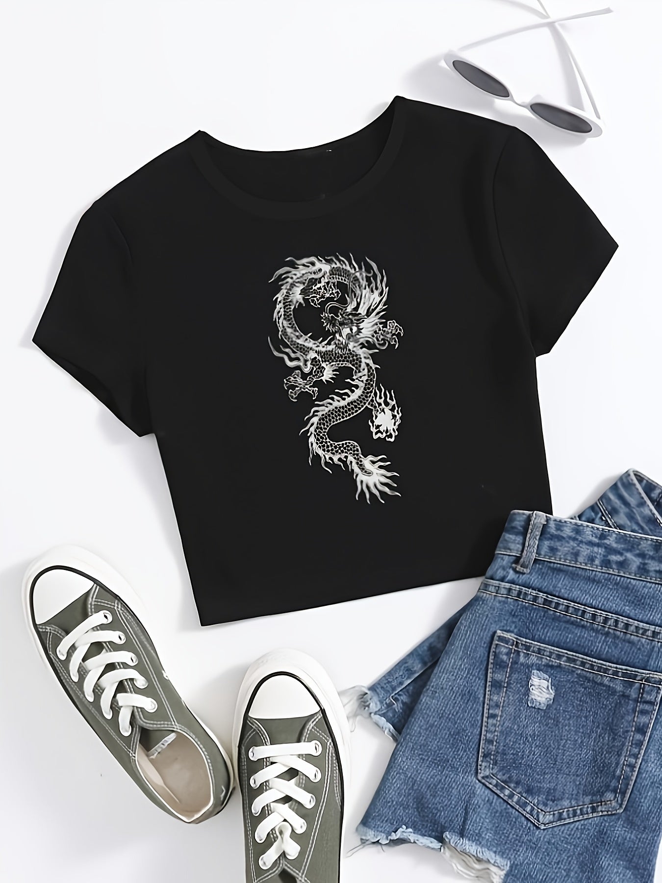 Women's Summer Chinese Dragon Pattern Fashion Short T-shirt
