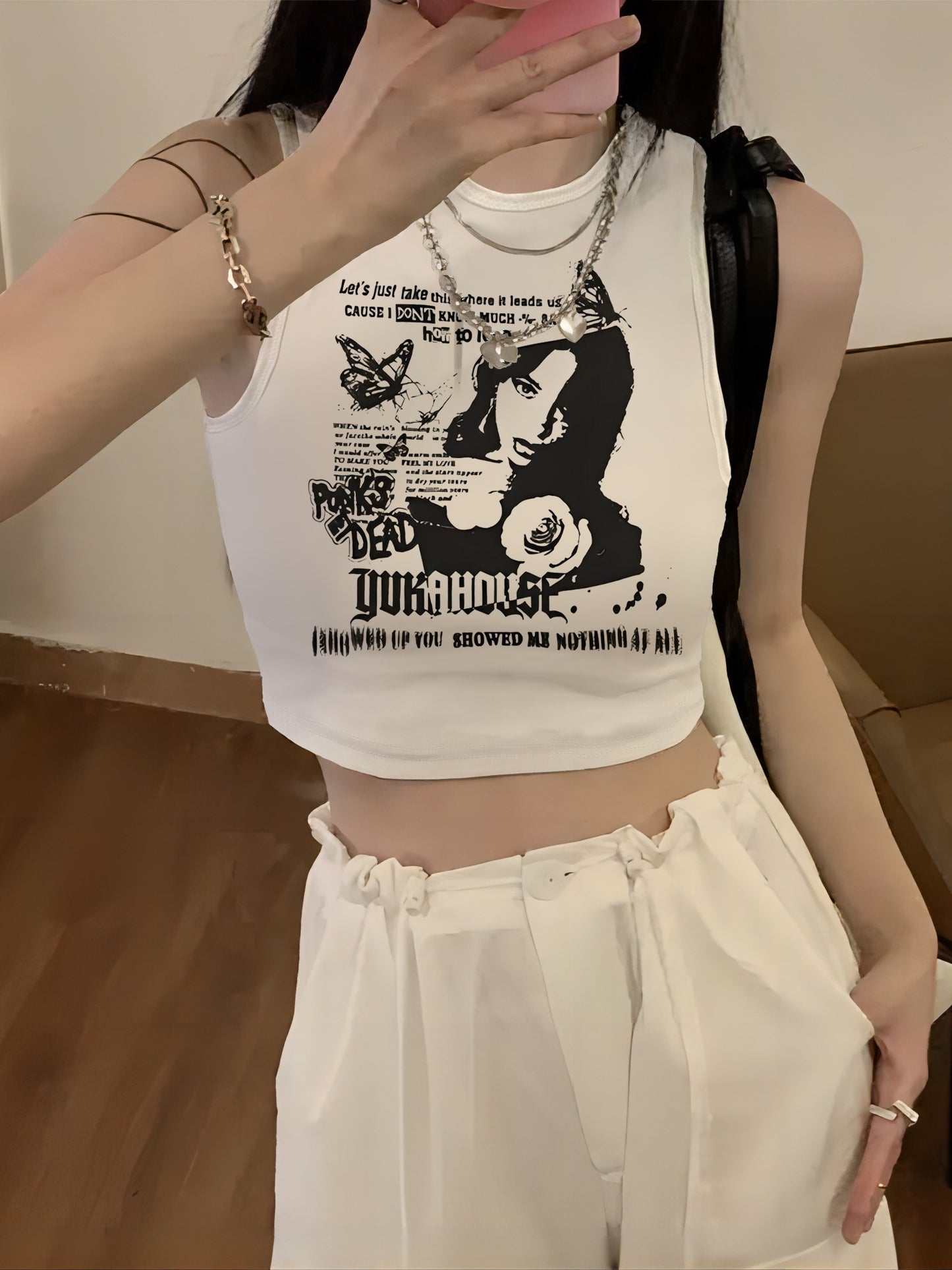 Gothic Punk Printed Rib Crop Tank Top