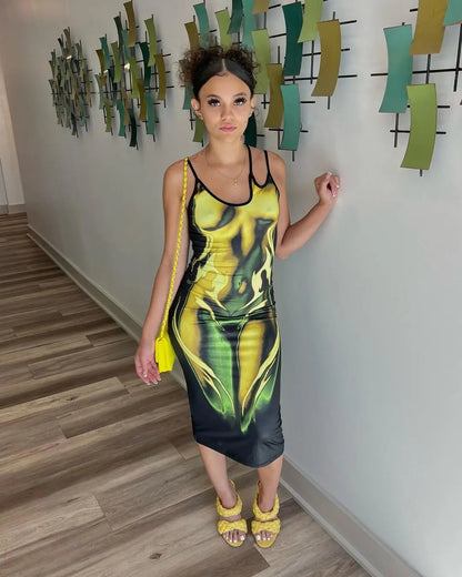Women's Summer Sexy Slim Fit Sleeveless Spaghetti Strap Asymmetric Body Gold Flame Print Midi Dress 2023 Hot Dress