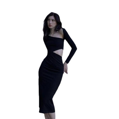 New Style Solid Color Sexy Hollow out Long Sleeve Dress Women
