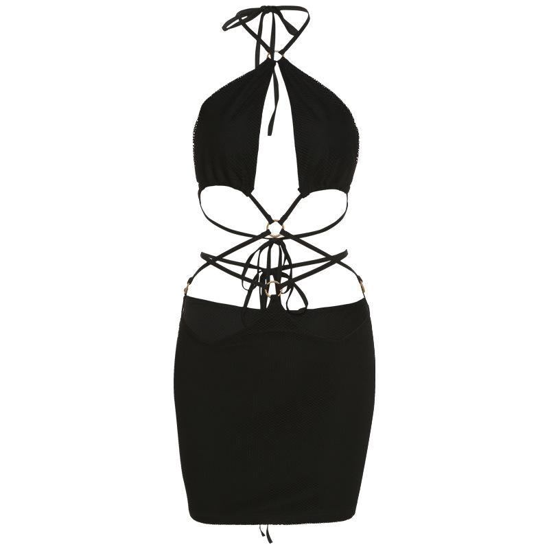 European and American Style 2022 Summer New Women's Dress with Strap and Neck Hanging Sexy Open Back Slim Umbilical Wrapped Hip Dress