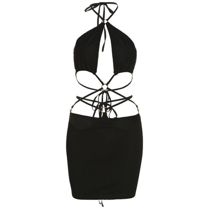  European and American Style 2022 Summer New Women's Dress with Strap and Neck Hanging Sexy Open Back Slim Umbilical Wrapped Hip Dress