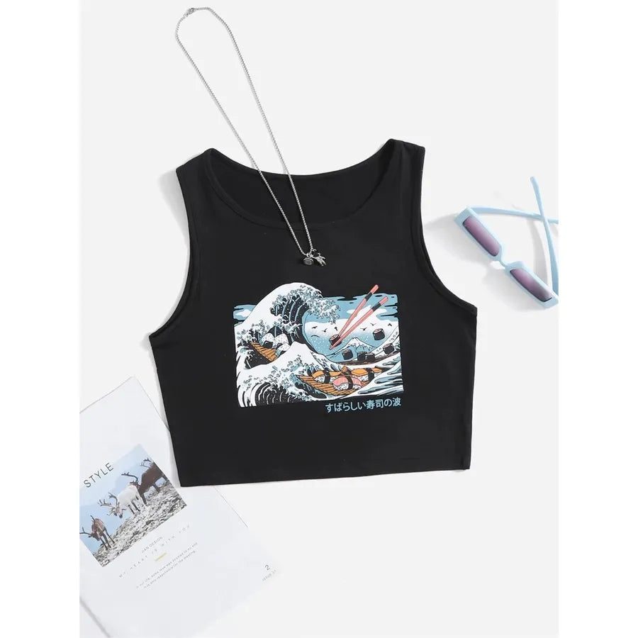 Women's Y2K Cool Sleeveless Round Neck Tank Top Wave printed vest Print Short Vest Tee Cool Street Fashion Women Cloth