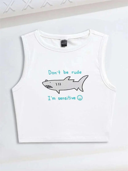 Women's Summer Sleeveless Round Neck Vest Tank Ins Y2K T-shirt TopTees  X EVERYDAYFISH Slogan & Shark Graphic Print