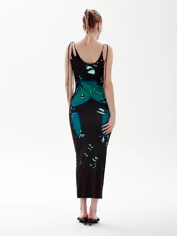  Summer Spring Women's Sexy Slim Fit Sleeveless Halter Neck Tie Binding Water Drop Print Maxi Dress 2023 Party Dresses