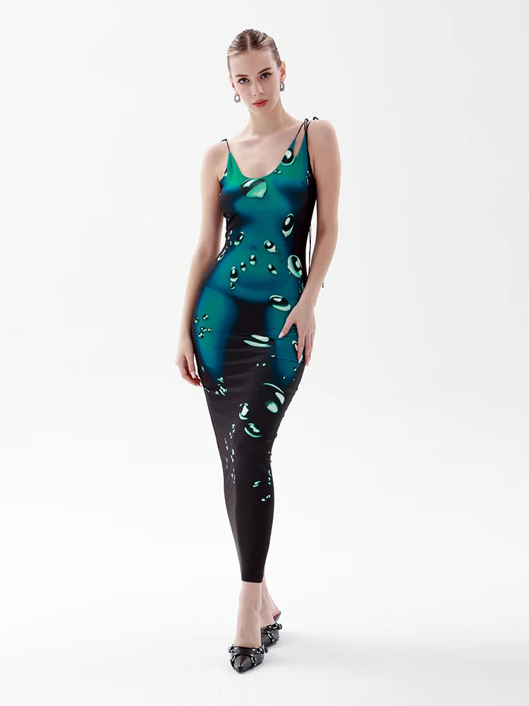  Summer Spring Women's Sexy Slim Fit Sleeveless Halter Neck Tie Binding Water Drop Print Maxi Dress 2023 Party Dresses