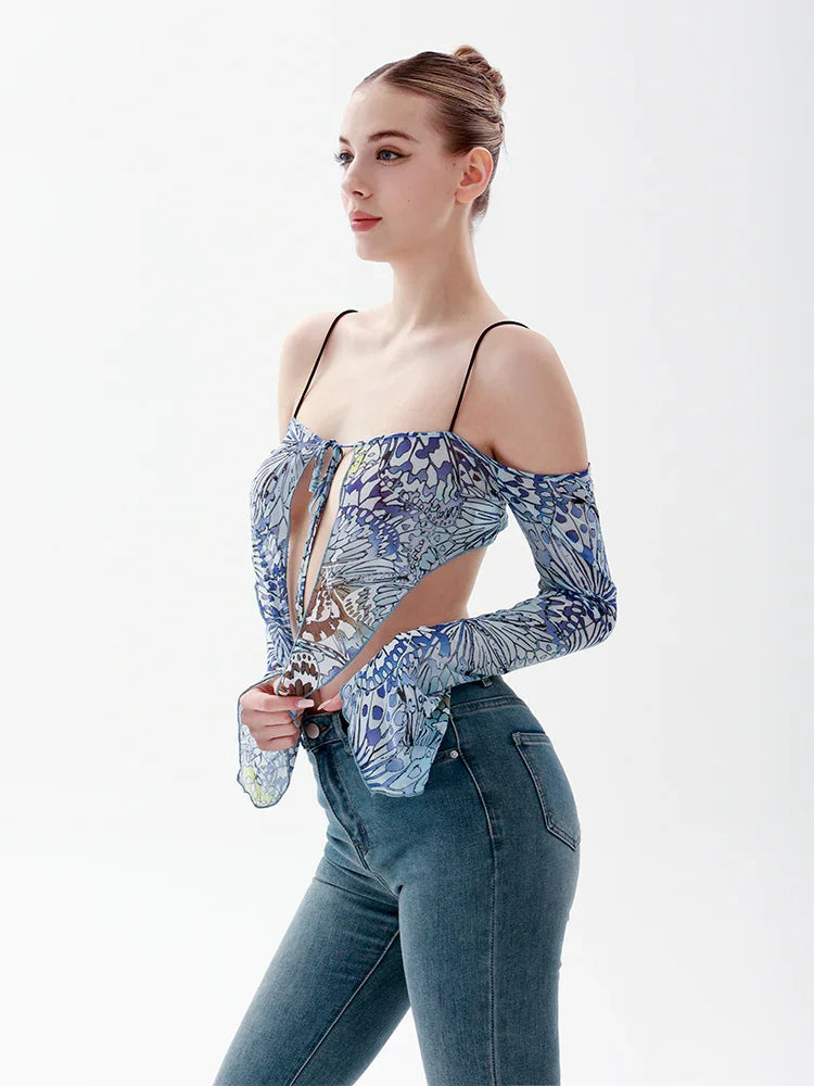 Autumn New One-Shoulder Sling Butterfly Print Short Section Navel Open Back Tie Shirt Long-Sleeved Women