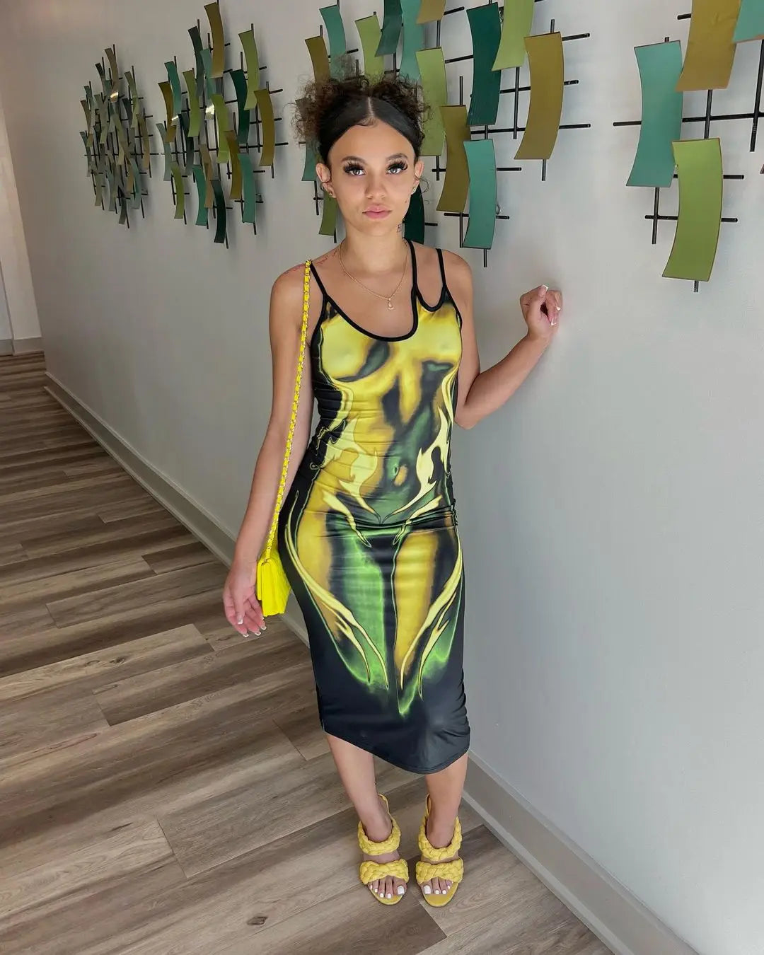 Women's Summer Sexy Slim Fit Sleeveless Spaghetti Strap Asymmetric Body Gold Flame Print Midi Dress 2023 Hot Dress