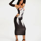 Women's Slim Fit Sexy Sleeve Hollow Out Body Print Asymmetric Off Shoulder Midi Dress Evening Party Elegant Dresses