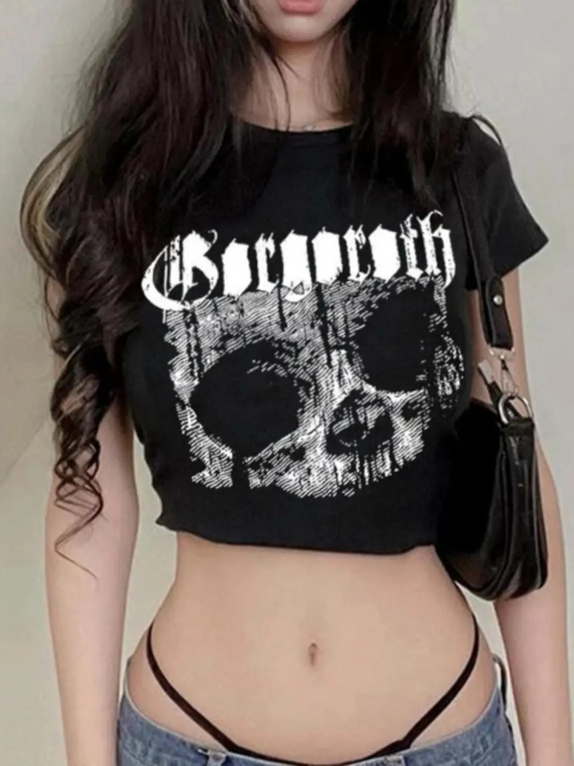 Women's Y2K Sexy Slim Short SleeveRound Neck Crop Top Vintage Skull Print CropTee Cool Street Fashion Women Clothing