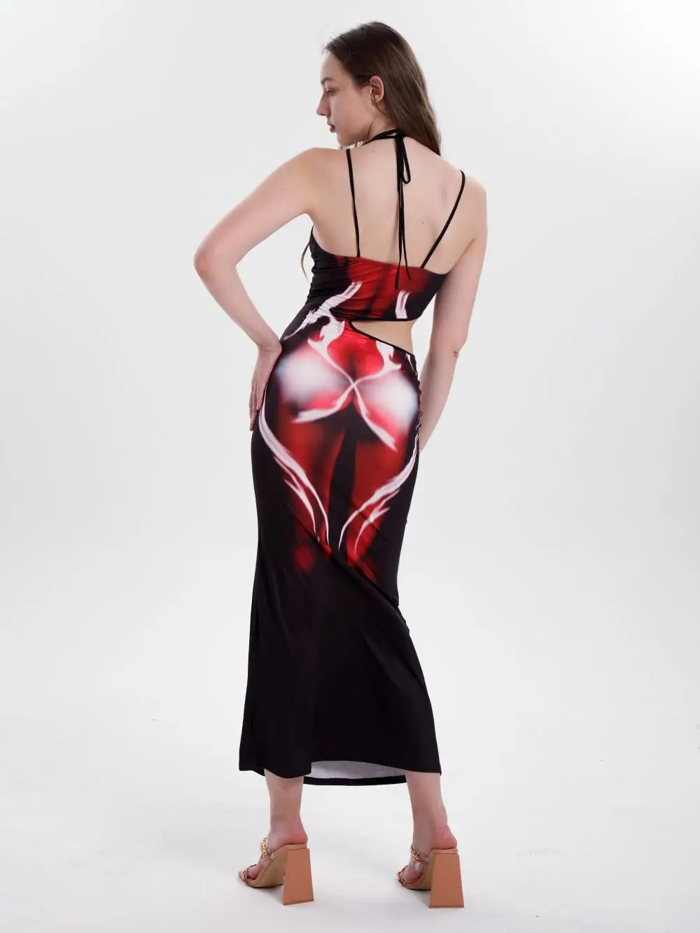  Women's Summer Sexy Slim Fit Sleeveless Cutout Halter Neck Spaghetti Straps Tie Bodycon Red Flame Body Print Maxi Dress