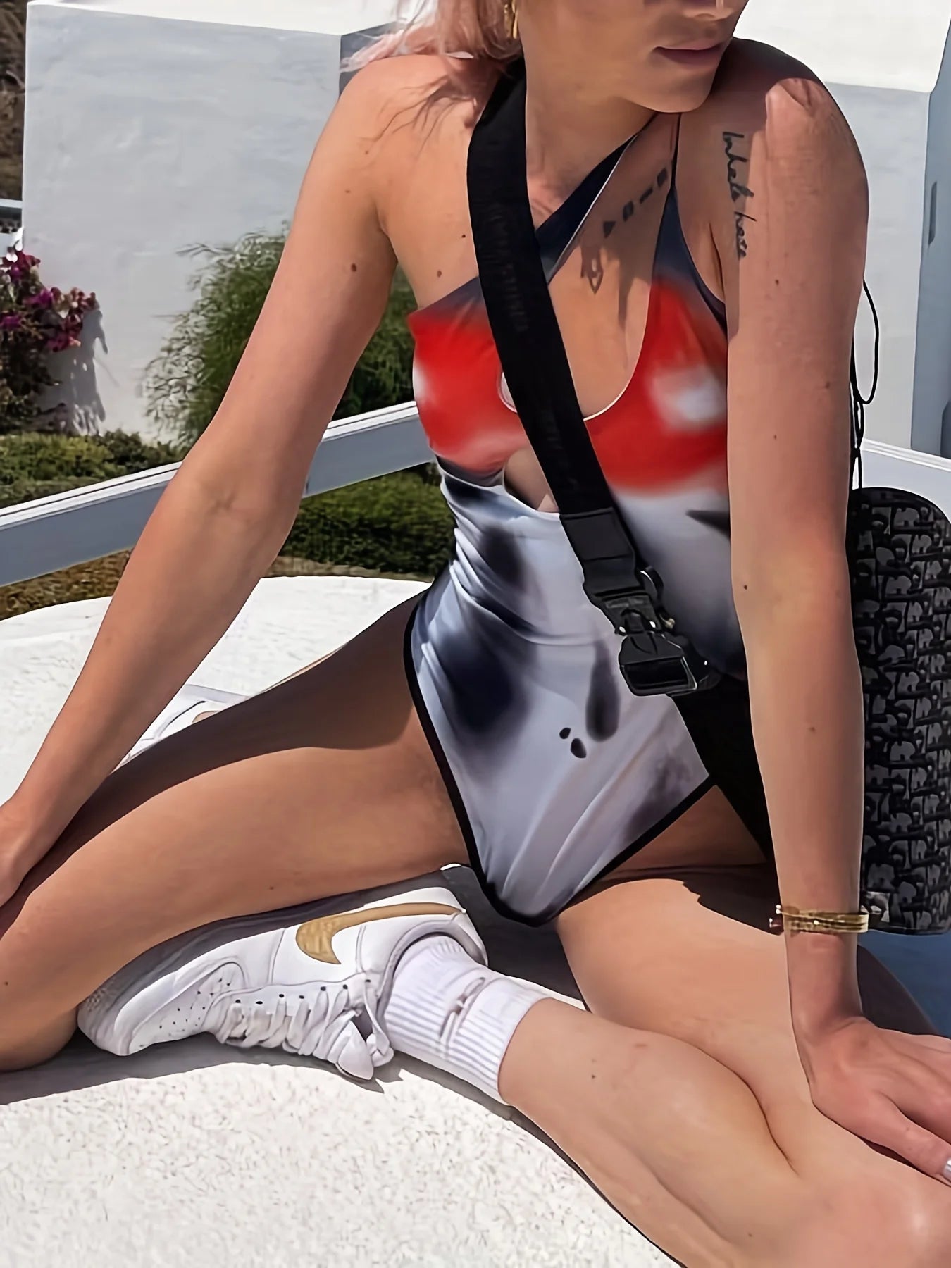  Women Slant-Shoulder Lingerie Body Print Suspender One Piece Babydoll Mini Bodysuit Women Clothing