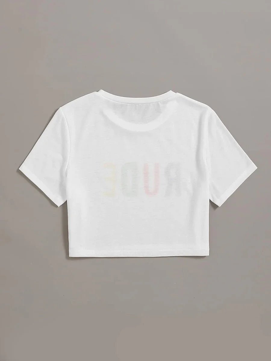 Summer Women's Y2K Cute Loose Short Sleeve Round Neck Crop Top Letter Print Short T-Shirt Cool Street Fashion Casual Women