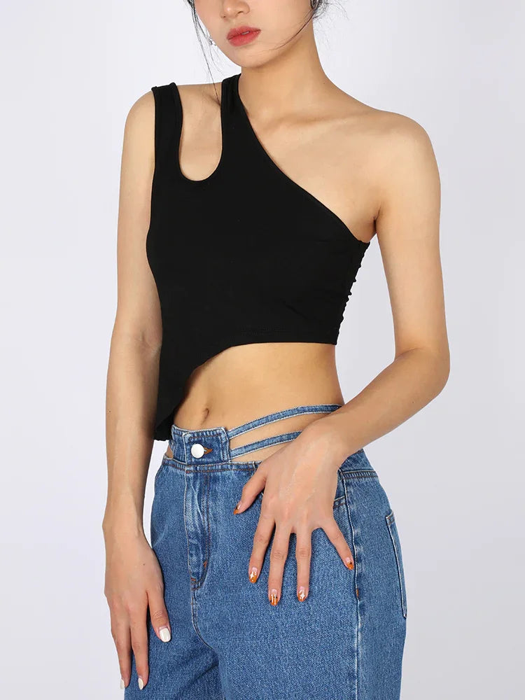  Women's Clothes 2023 New Summer Sexy Asymmetric Crossover Single Shoulder Strap Hollow Vest Solid Color Cropped Top