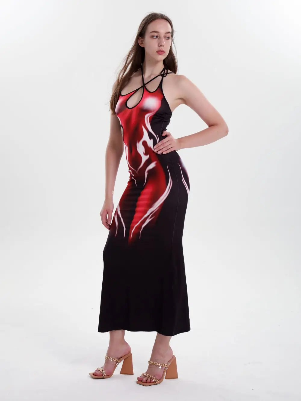  Women's Summer Sexy Slim Fit Sleeveless Cutout Halter Neck Spaghetti Straps Tie Bodycon Red Flame Body Print Maxi Dress