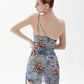 Summer 2023 Women's Clothing Asymmetric Butterfly Print Slanted Shoulder Sexy Hollow Backless Drawstring Dress