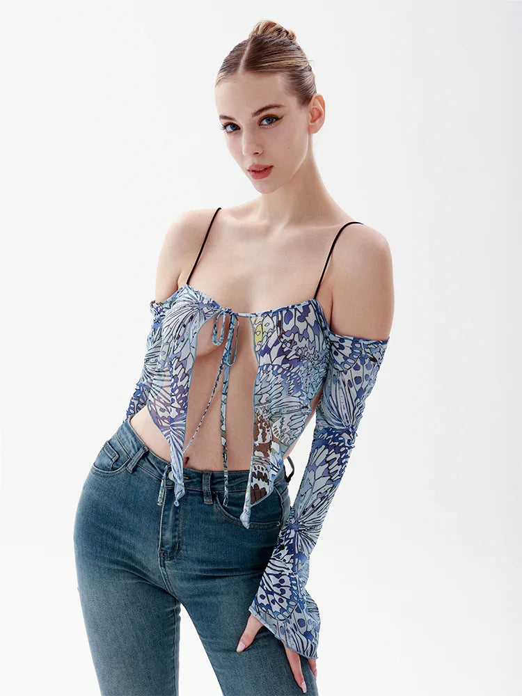 Autumn New One-Shoulder Sling Butterfly Print Short Section Navel Open Back Tie Shirt Long-Sleeved Women