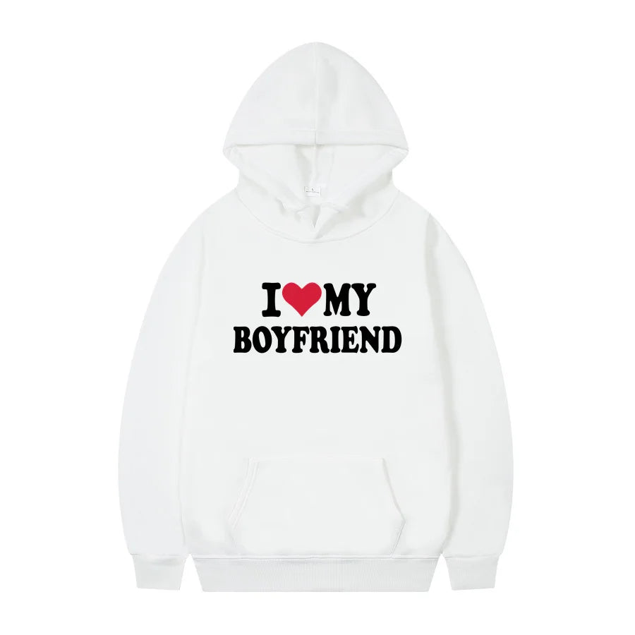 Printcess Women's Cute Harajuku Style Trend Y2K i Love My Boyfriend Print Hooded Sports Long-Sleeved Pullover Sweater Hoodies