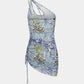 Summer 2023 Women's Clothing Asymmetric Butterfly Print Slanted Shoulder Sexy Hollow Backless Drawstring Dress