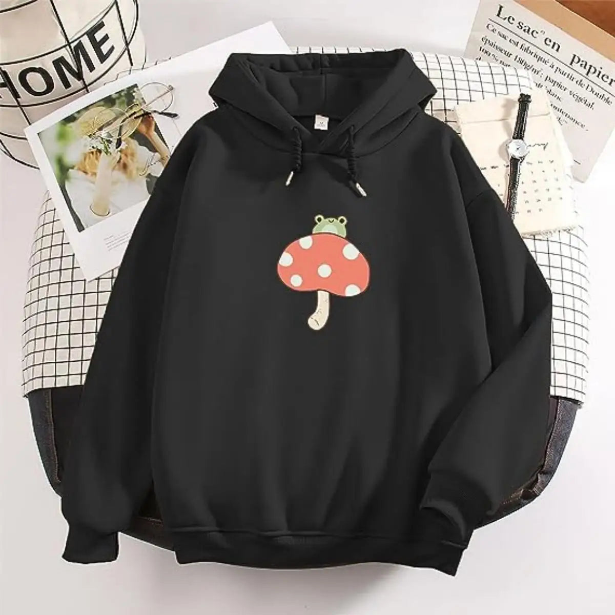 Autumn And Winter Women Style Trend Y2K Sewant Mushrooms Print Hooded Sports Long-Sleeved Pullover Hoodie