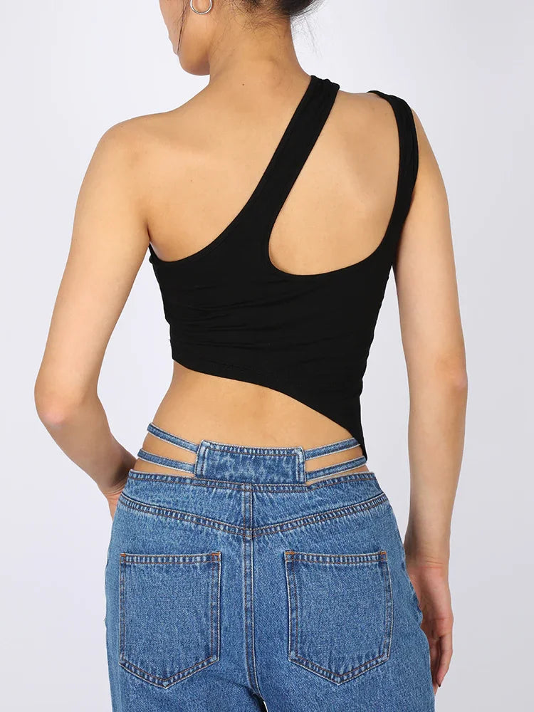  Women's Clothes 2023 New Summer Sexy Asymmetric Crossover Single Shoulder Strap Hollow Vest Solid Color Cropped Top