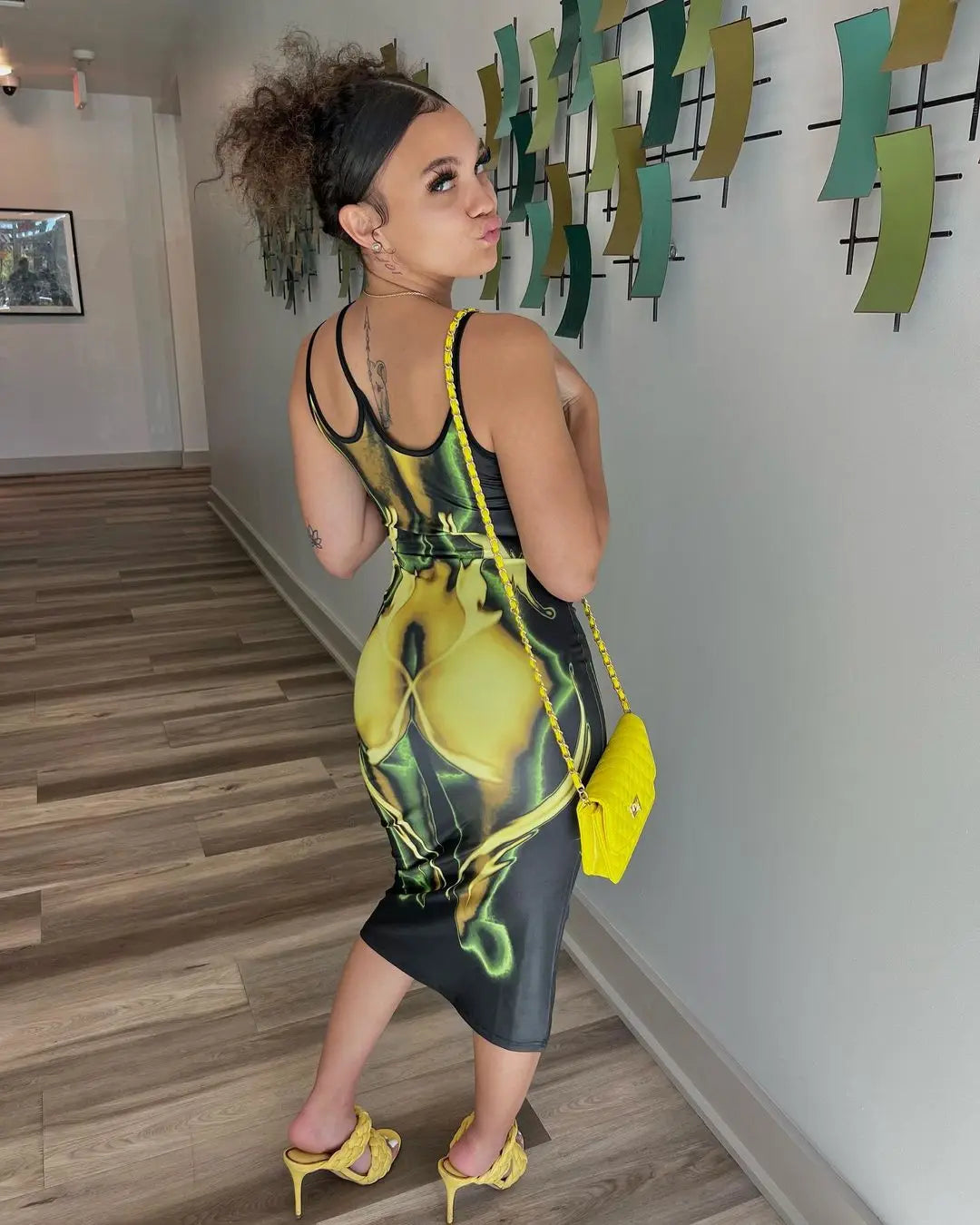 Women's Summer Sexy Slim Fit Sleeveless Spaghetti Strap Asymmetric Body Gold Flame Print Midi Dress 2023 Hot Dress