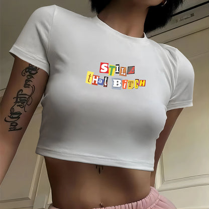 Summer Round Neck Pullover Short Sleeve Letter Print Crop Ladies Top T-Shirt