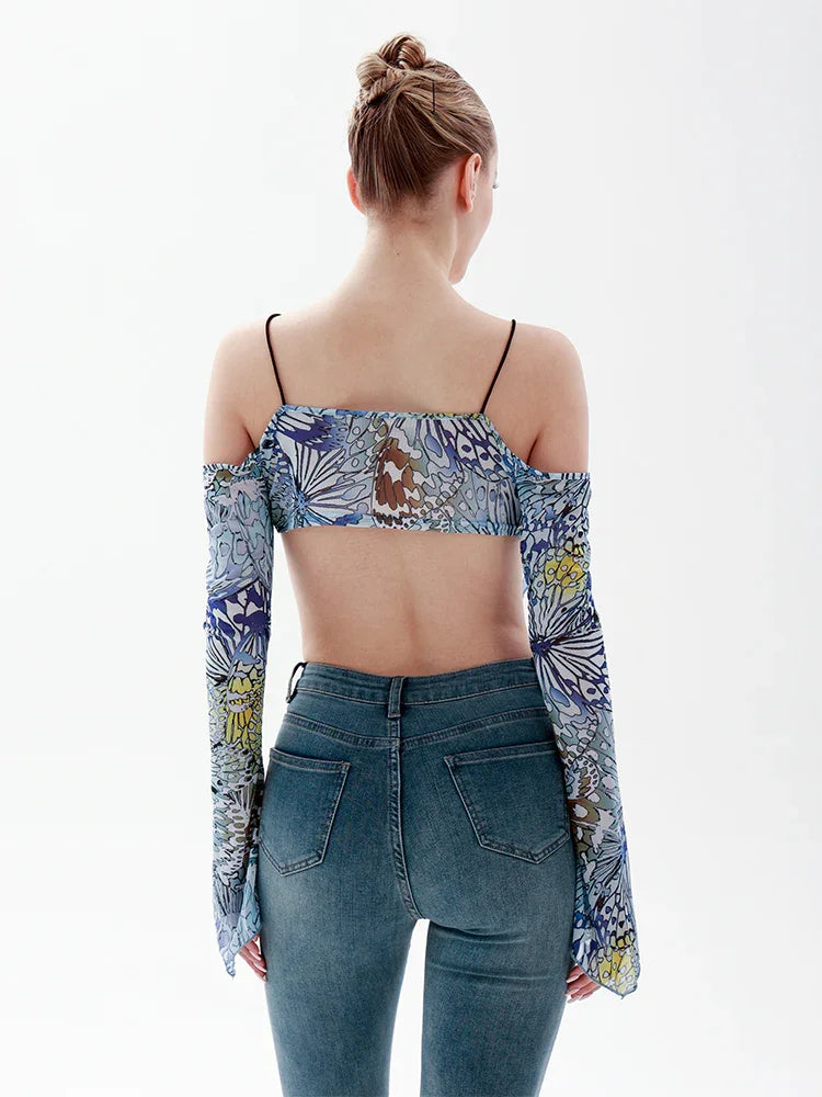 Autumn New One-Shoulder Sling Butterfly Print Short Section Navel Open Back Tie Shirt Long-Sleeved Women