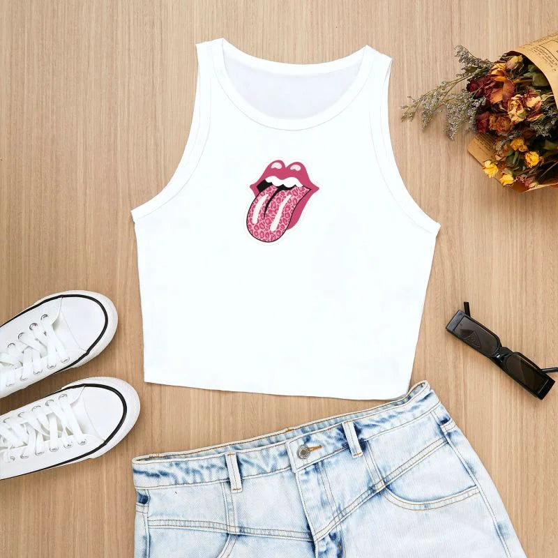 Women's Y2K Cool Sleeveless Round Neck Tank Top Cool Mouth Graphic Graphic Print Short Vest Tee Cool Street Fashion Wo