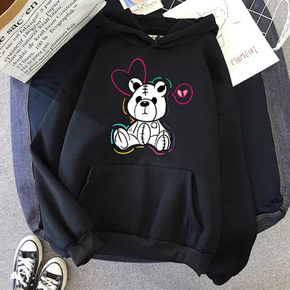 Women's New Cute Harajuku Style Trend Y2K Doodle Bear Print Hooded Sports Long-Sleeved Pullover Sweater Hoodies