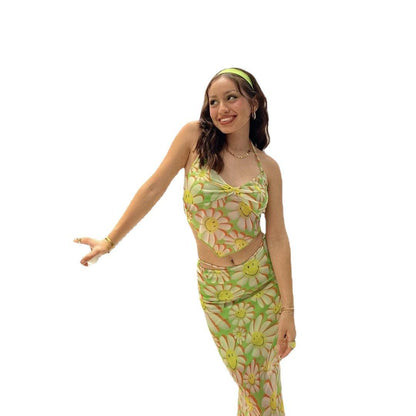Summer New Fresh Green Print Halfskirt Two Piece dresses for women