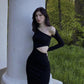 New Style Solid Color Sexy Hollow out Long Sleeve Dress Women